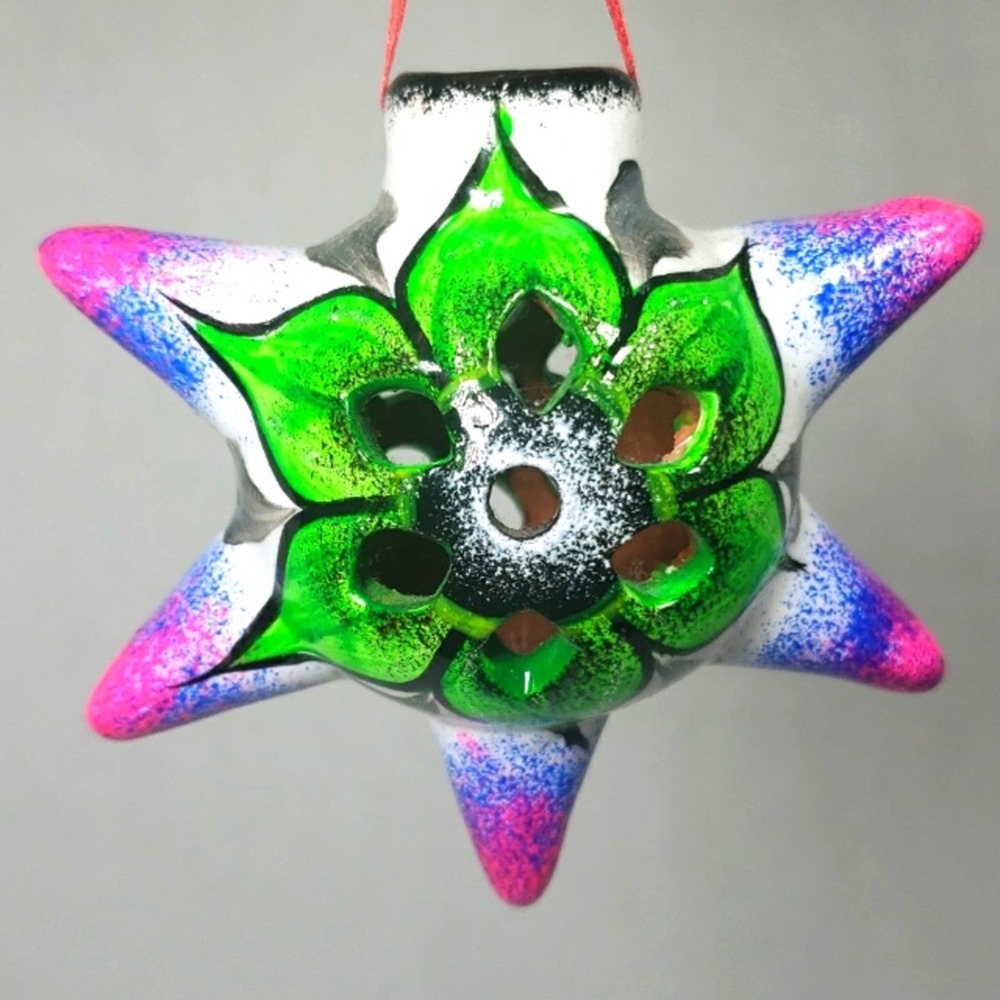 Handpainted Mexican Clay Pottery Christmas Ornament Star 4.5"